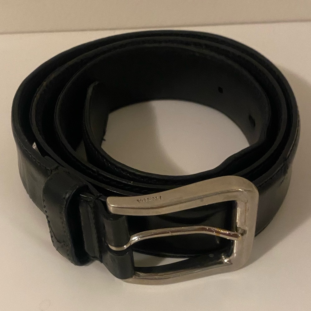Prada Black Leather Belt with Silver Buckle